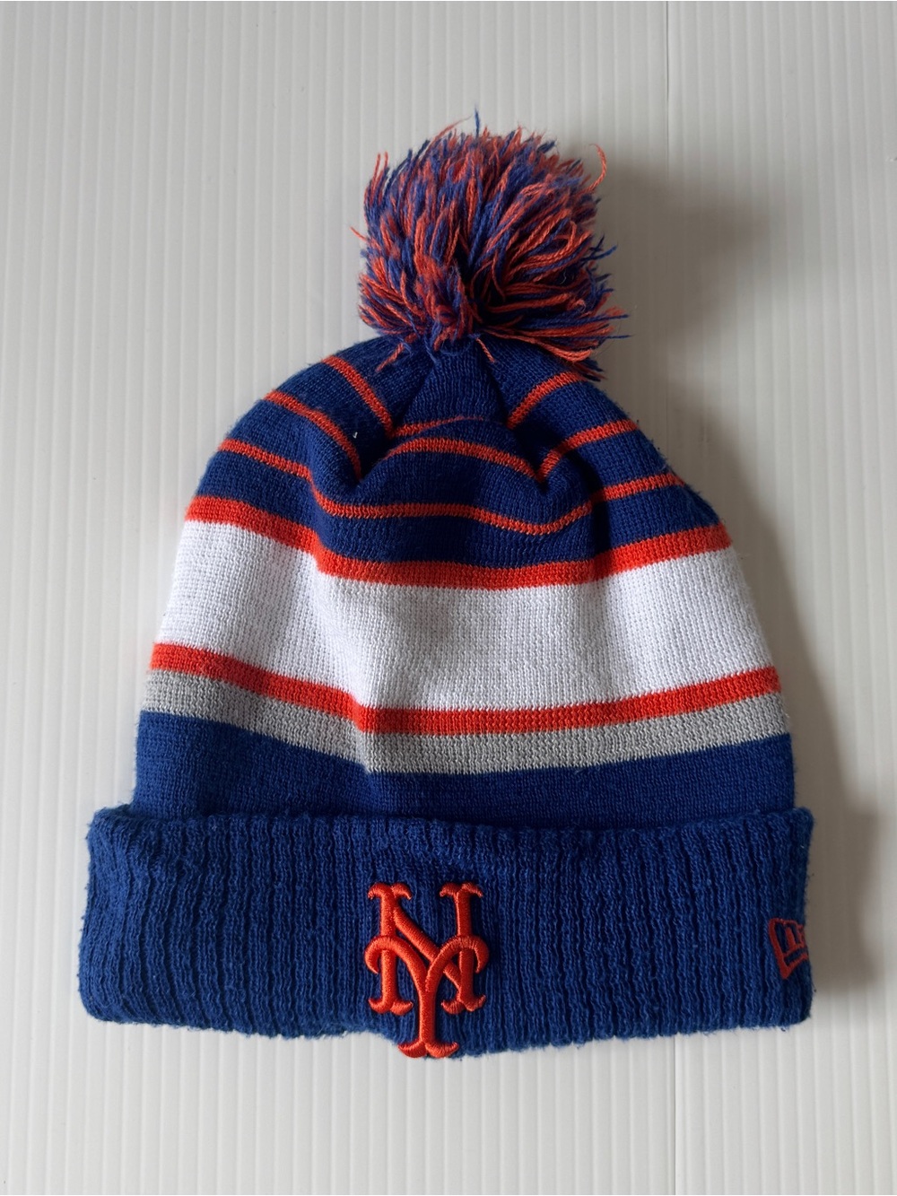 New Era New York Mets Pom Pom Beanie Blue Orange MLB Knit Winter Hat OSFM Cap